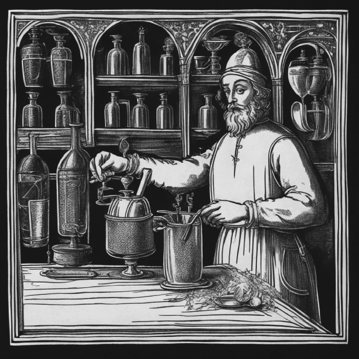 14th century drawing of a bartender making a cocktail