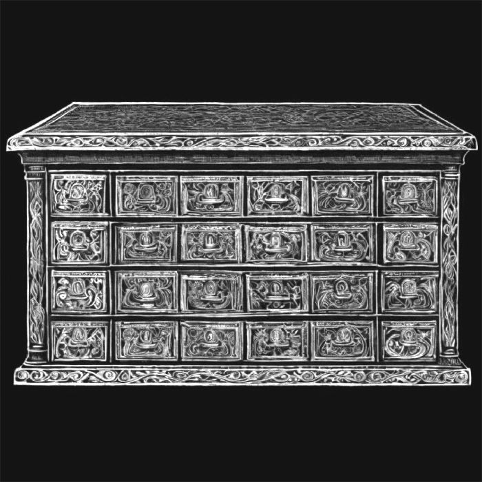 13th century drawing of a flat file database, dark background white ink