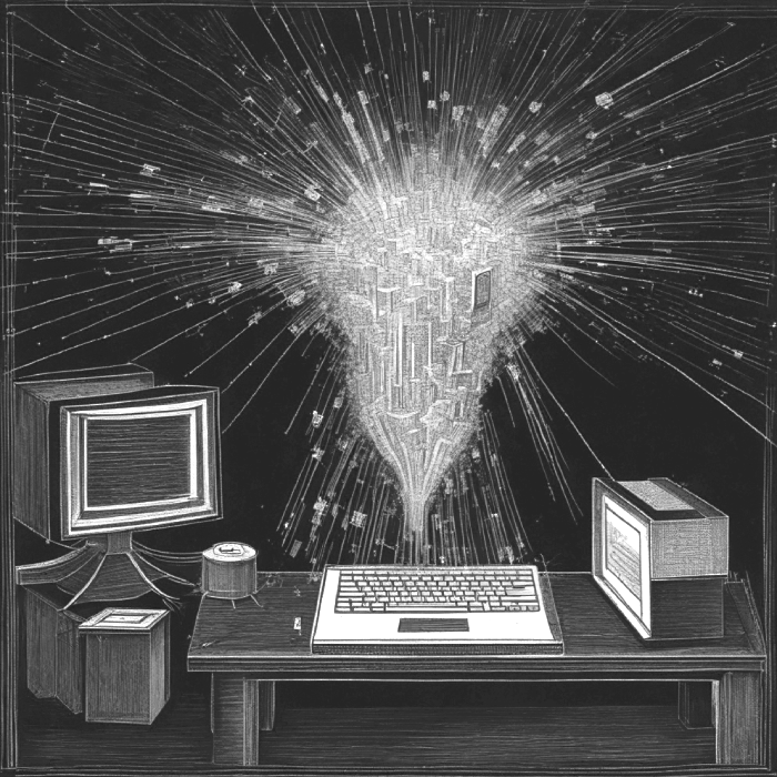 13th century drawing of computer exploding with code
