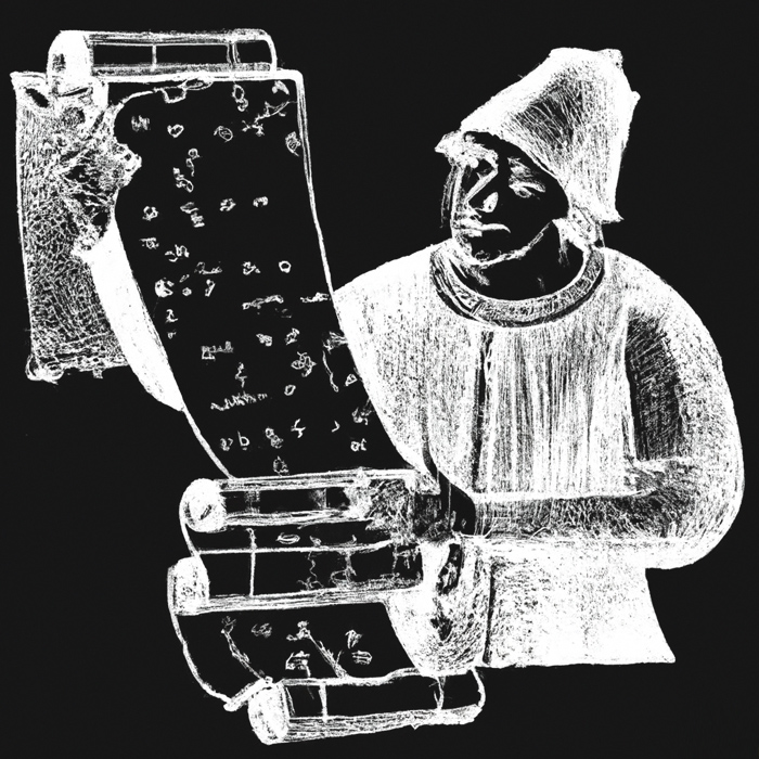 DALL-E: 14th century drawing of a man comparing documents in black and white