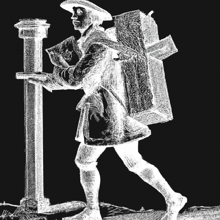 DALL-E: 18th century engraving of postman carrying mail with white background
